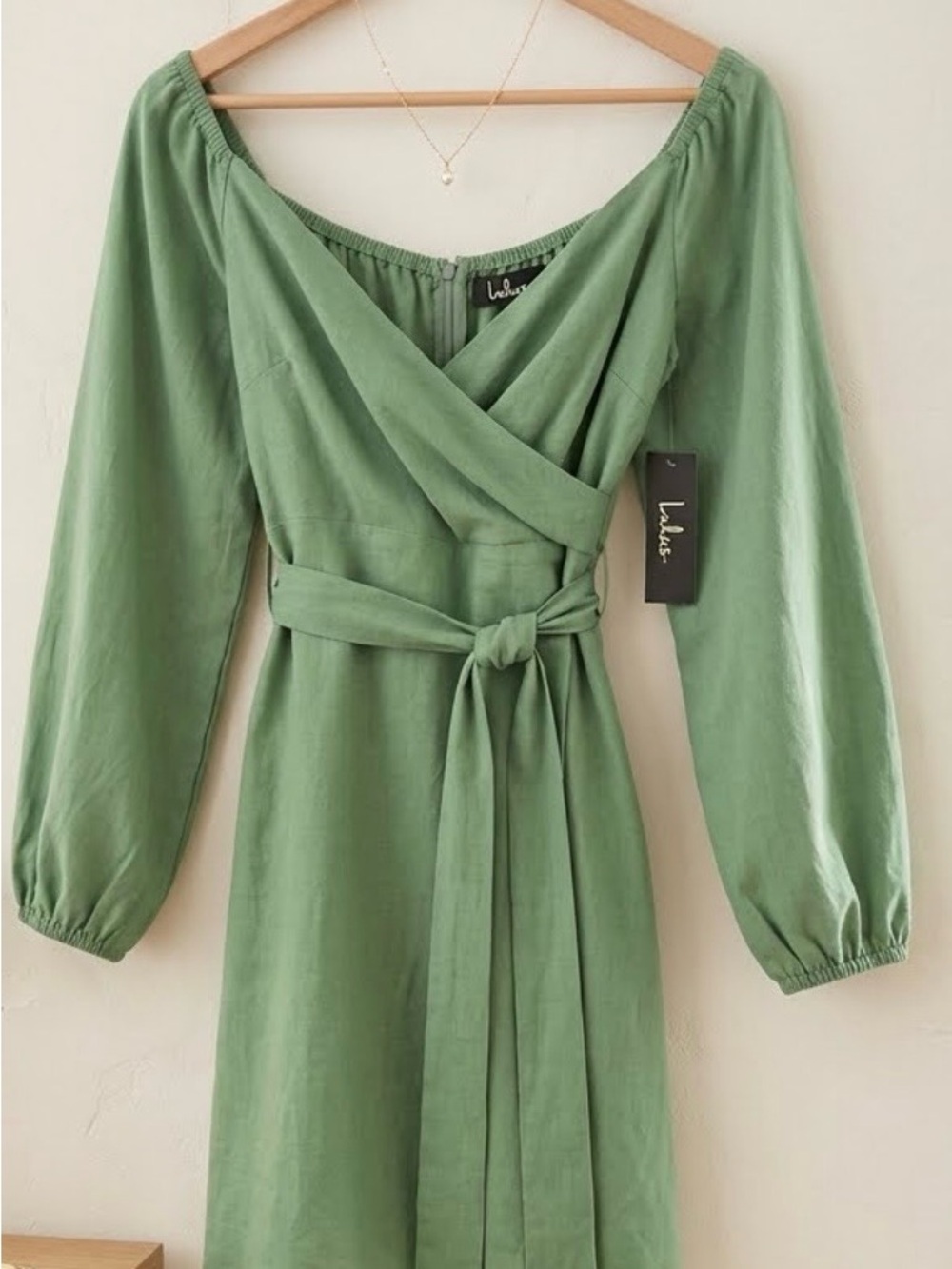 Lulus Green Off-The-Shoulder Long Sleeve Mini Wrap Dress - Size XL NWT